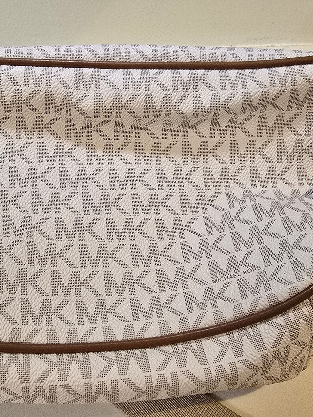 Michael Kors Beige/White MK Signature Crossbody with Brown Leather Flap - Picture 6 of 10